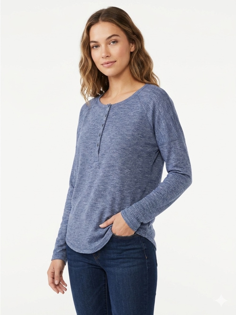 MARMOT Mackenzie Henley Top Long Sleeve Raglan Spacedye Knit Blue Heather Large